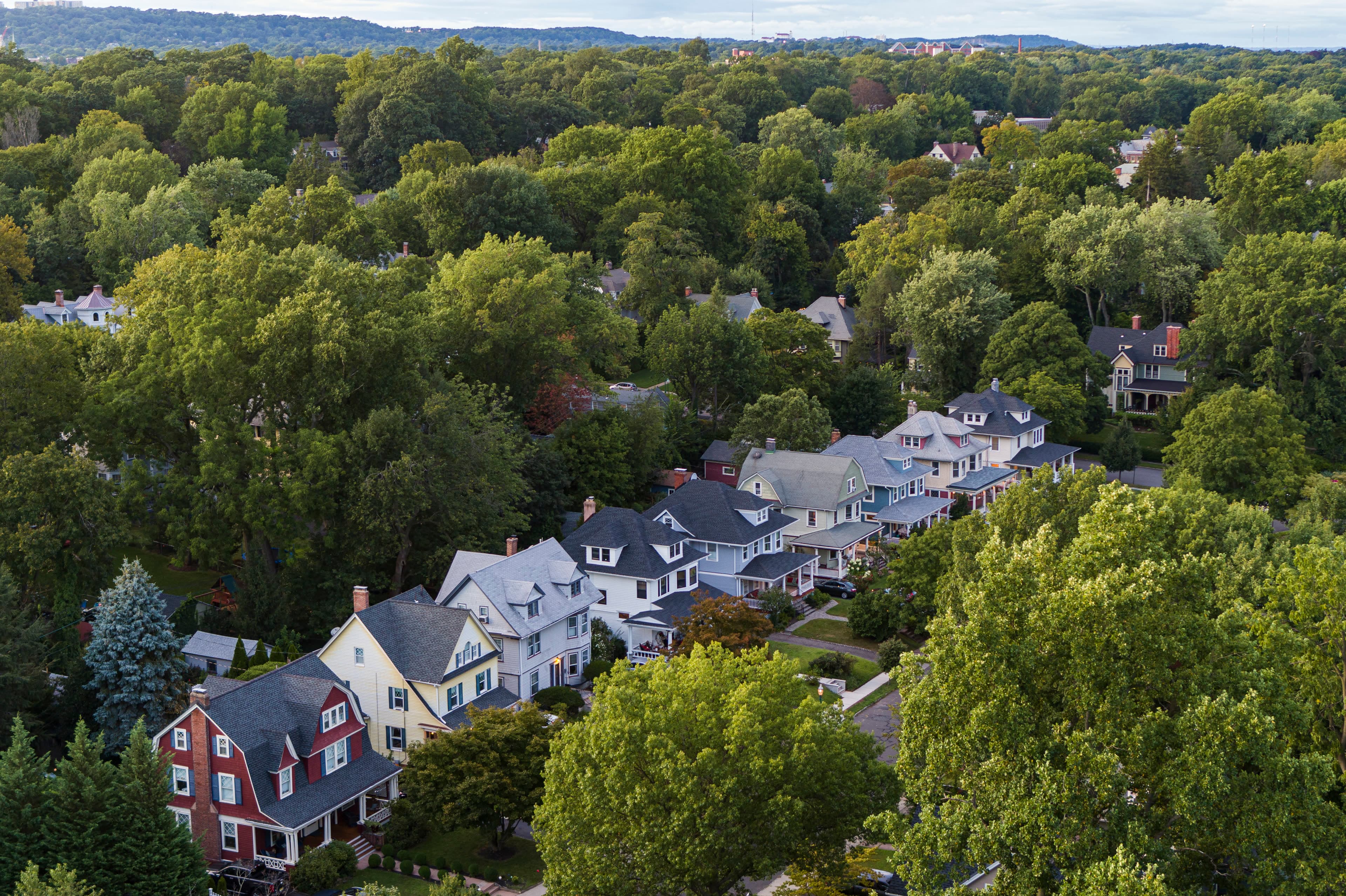 Aerial drone photo of Glen Ridge NJ with NYC skyline
